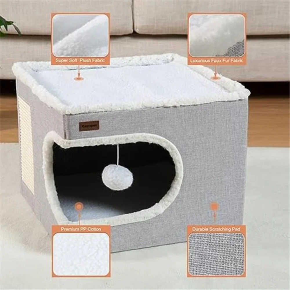 Cat Bed Cube House Covered Cat Cave Bed with Scratch Pad Toy Hideaway for Cats